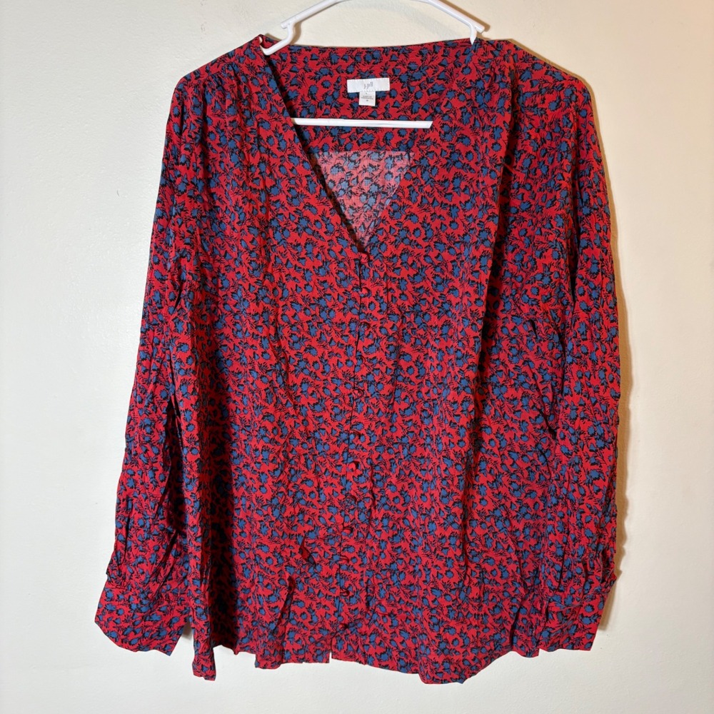 J. Jill Red Blue Floral Print Long Sleeve V Neck Button Up‎ Rayon Blouse Size M